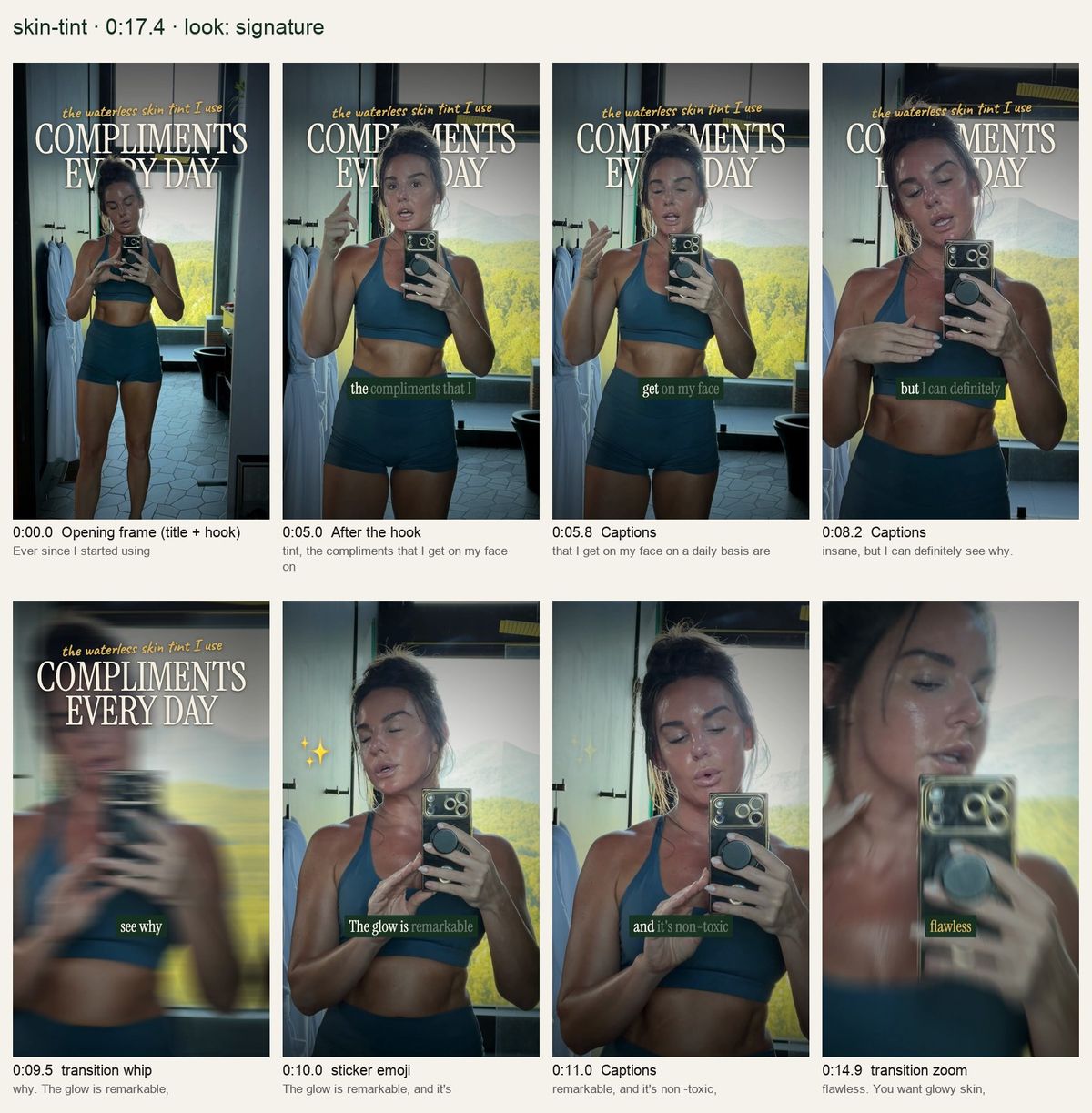 The real review board for a skin tint reel: eight scenes with timecodes, what was said, and the title, captions, whip transition, sparkle sticker and zoom it added